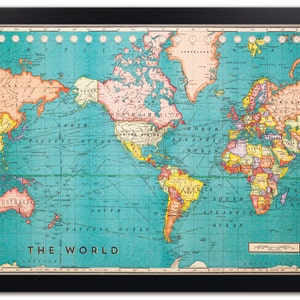 May include: A vintage world map with a blue ocean background and colorful continents. The map includes country borders and names, as well as ocean names. The text "THE WORLD" is printed at the bottom of the map.