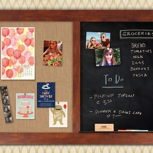 Chalk Combo Board | Chalk + Bulletin Board | Chalkboard Combo | Chalkboard Cork Board | Cork and Chalkboard - Honey Frame + Wheat Fabric