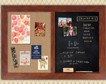 Chalk Combo Board | Chalk + Bulletin Board | Chalkboard Combo | Chalkboard Cork Board | Cork and Chalkboard - Honey Frame + Wheat Fabric