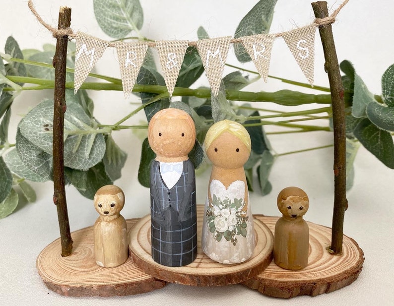 RUSTIC BRIDE & GROOM custom personalised wedding cake topper peg dolls pets, bunting, woodslice, mr mrs festival,pegdoll vintage barn boho image 7