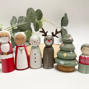 Christmas peg doll set(6)including santa , mrs claus , reindeer(rudolph), snowman,elf and tree. Scandi christmas handmade handpainted rustic