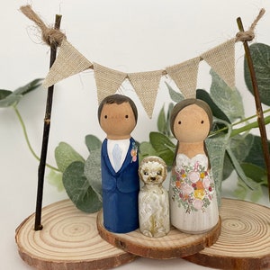 RUSTIC BRIDE & GROOM custom personalised wedding cake topper peg dolls pets, bunting, woodslice, mr mrs festival,pegdoll vintage barn boho image 4