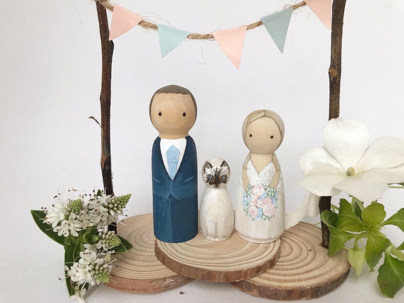 RUSTIC BRIDE & GROOM custom personalised wedding cake topper peg dolls pets, bunting, woodslice, mr mrs festival,pegdoll vintage barn boho image 6