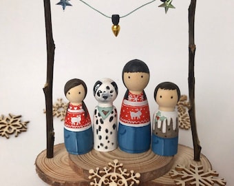 Custom christmas family peg dolls personalised nordic scandi style Christmas  jumper gift unique handmade with pets pugs dogs children