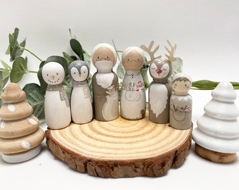 Rustic WHITE CHRISTMAS Santa peg doll gift set , neutral decor , pegdolls , elf, mrs Claus, penguin,family, keepsake snowman wooden tree