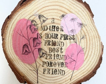 Mother’s Day , mum birthday present best friend woodslice handing gift linear flower illustration