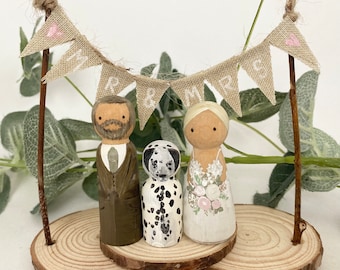 RUSTIC BRIDE & GROOM custom personalised wedding cake topper peg dolls pets, bunting, woodslice, mr mrs festival,pegdoll vintage barn boho
