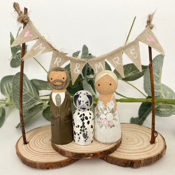 RUSTIC BRIDE & GROOM personalizzato personalizzato torta nuziale topper peg bambole animali domestici, stamina, fetta di legno, mr mrs festival, pegdoll fienile vintage boho