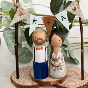 RUSTIC BRIDE & GROOM custom personalised wedding cake topper peg dolls pets, bunting, woodslice, mr mrs festival,pegdoll vintage barn boho image 8