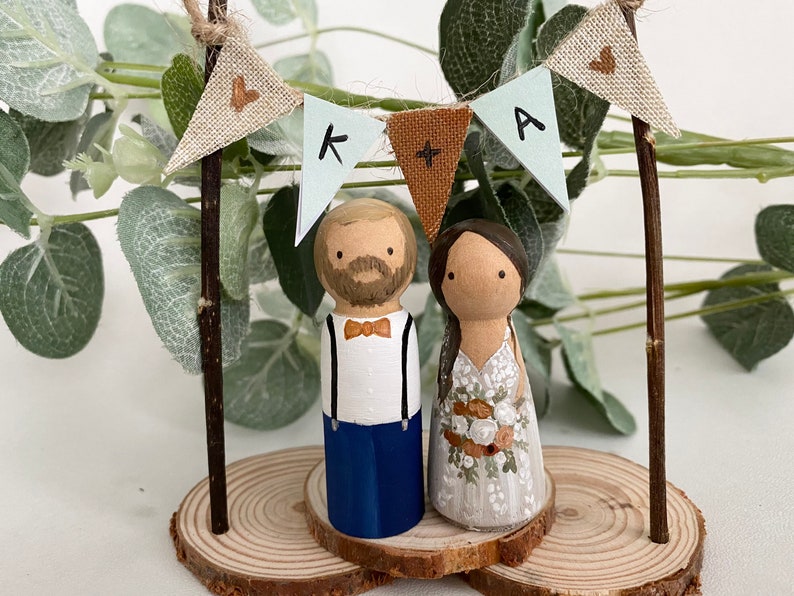 RUSTIC BRIDE & GROOM custom personalised wedding cake topper peg dolls pets, bunting, woodslice, mr mrs festival,pegdoll vintage barn boho image 8