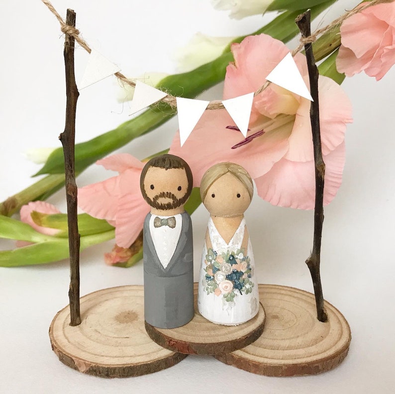 RUSTIC BRIDE & GROOM custom personalised wedding cake topper peg dolls pets, bunting, woodslice, mr mrs festival,pegdoll vintage barn boho image 9