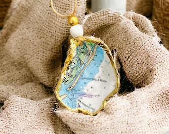 Wrightsville Beach North Carolina Map Oyster Shell Ornament, Decoupage Shell, Shell Art, Present Topper, Hostess Gift, Vacation Memory