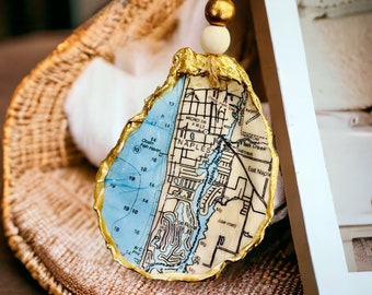 Naples Florida Map Oyster Shell Ornament, Nautical Map Oyster Shell Ornament, Vacation Memory, Family Beach Trip, Decoupage Shell