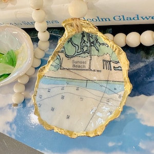 Sunset Beach North Carolina Map Oyster Shell Ornament, Decoupage Shell, Oyster Shell Art, Present Topper, Hostess Gift, Vacation Memory