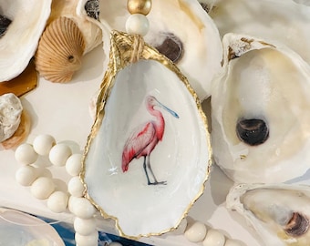 Pink Roseate Spoonbill Oyster Shell Ornament, Hostess Gift, Present Topper, Bird Ornament Housewarming Gift, Nature Lover, Coastal Charm