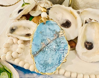 Islamorada Florida Oyster Shell Ornament, Vacation Memory, Anniversary Gift, Seashell Ornament, Map Ornament, Hostess Gift, Decoupage Shell