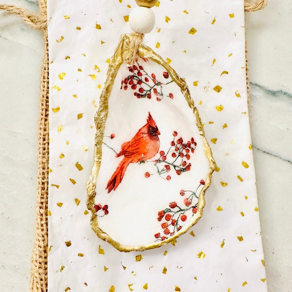 Cardinal with Red Berries Christmas Ornament, Cardinal Shell Ornament, Oyster Shell Christmas Ornament, Decoupage Shell, Cardinal Ornament