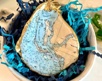 Sanibel Island Captiva Island Pine Island Florida Map Oyster Shell Ornament, Decoupage Shell, Oyster Shell Art, Seashell Ornament