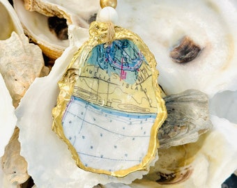 Amelia Island Florida Map Oyster Shell Ornament, Decoupage Shell, Oyster Shell Art, Present Topper, Hostess Gift, Vacation Memory