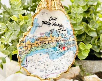 Custom Coastal Map Oyster Shell Ornament or Ring Dish, Coastal Home Accent Decor, Travel Souvenir, Personalized Wedding Gift,