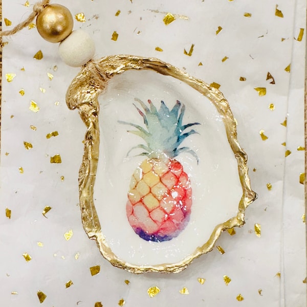 Pineapple Oyster Shell Ornament, Decoupage Oyster Shell, Oyster Shell Art, Coastal Decor, Shell Christmas Ornament, Housewarming Gift