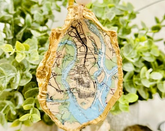 Charleston South Carolina Map Oyster Shell Ornament, Decoupage Shell, Oyster Shell Art, Present Topper, Hostess Gift, Vacation Memory