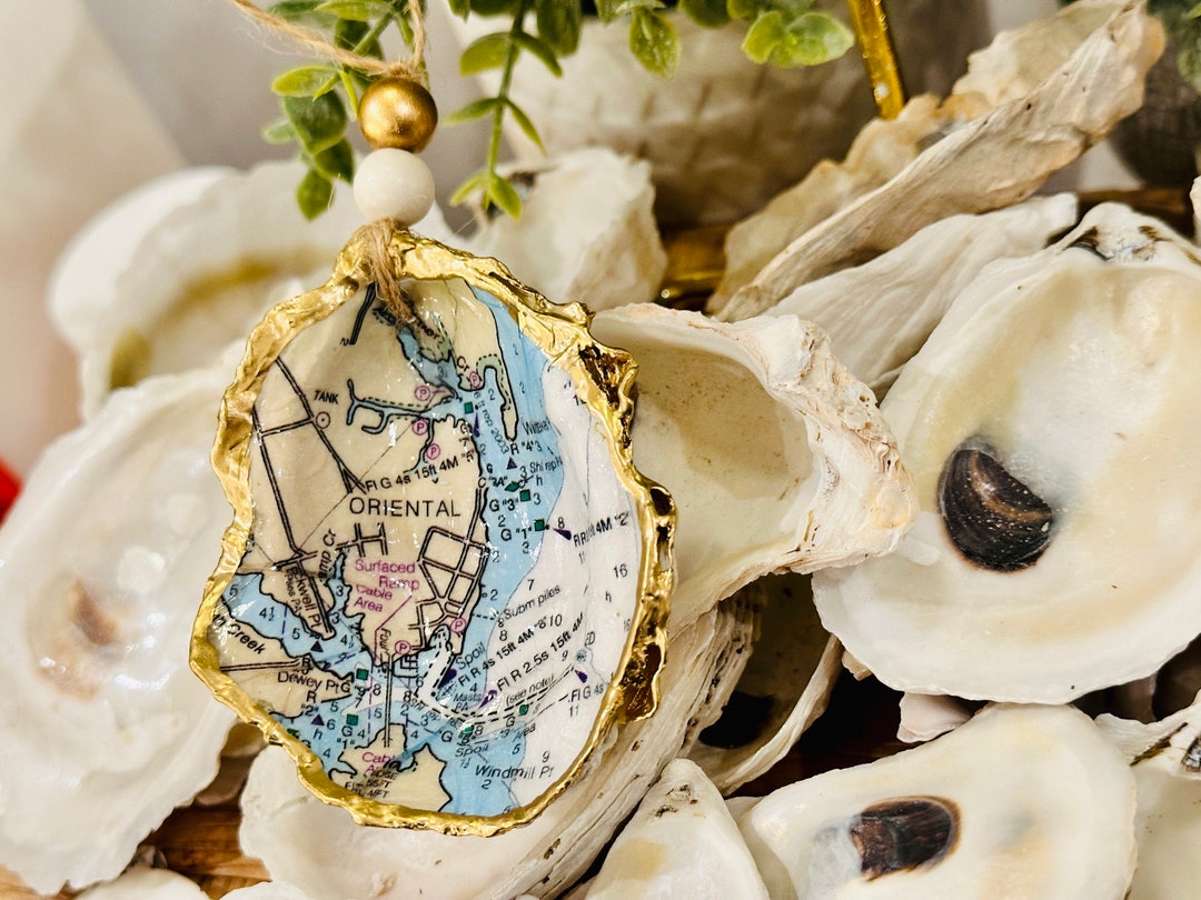 Oriental North Carolina Map Oyster Shell Ornament, Decoupage Shell ...