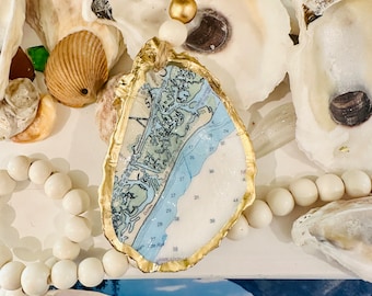 Figure Eight Island North Carolina Map Oyster Shell Ornament, Decoupage Shell, Oyster Art, Present Topper, Hostess Gift, Vacation Memory