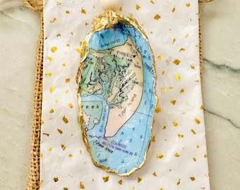Tybee Island Georgia Map Oyster Ornament, Keepsake, Present Topper, Vacation Memory, Bridesmaid Gift, Housewarming, Georgia Ornament
