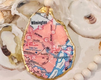 Wilmington North Carolina Nautical Map Oyster Shell Ornament, Decoupage Shell, Shell Art, Present Topper, Hostess Gift, Vacation Memory