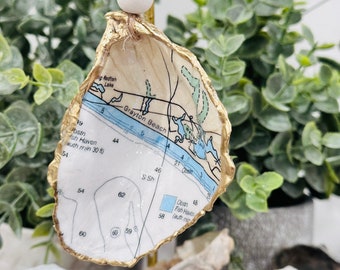 Grayton Beach Florida Nautical Map Oyster Shell Ornament, Oyster Shell Art, Bridesmaid Gift, Decoupage Shell, Seashell Ornament