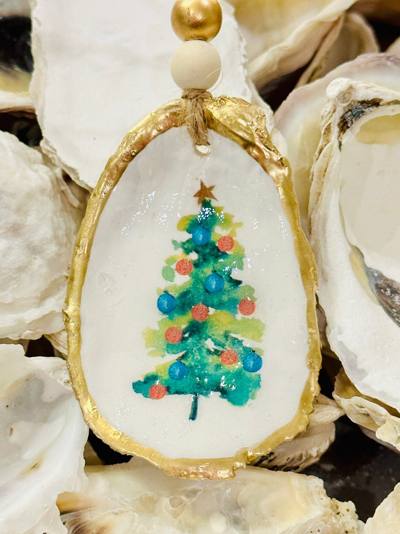 Christmas Tree Oyster Shell Ornament Decoupage Oyster Shell Etsy