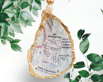 St. Augustine Florida Map Oyster Shell Ornament, Decoupage Shell Art; Map Ornament for Vacation Location