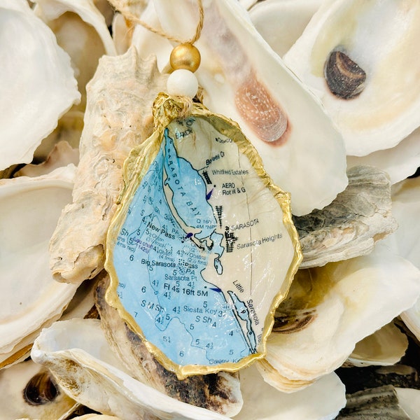 Sarasota Florida Map Oyster Ornament, Vacation Memory, Keepsake, Present Topper, Housewarming Gift, Seashell Ornament, Decoupage Shell