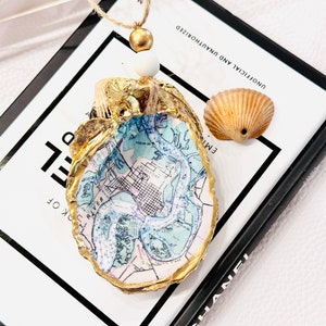 Beaufort South Carolina Map Oyster Shell Ornament, Decoupage Shell, Oyster Shell Art, Beach Oyster Ornament, Hostess Gift, Vacation Memory