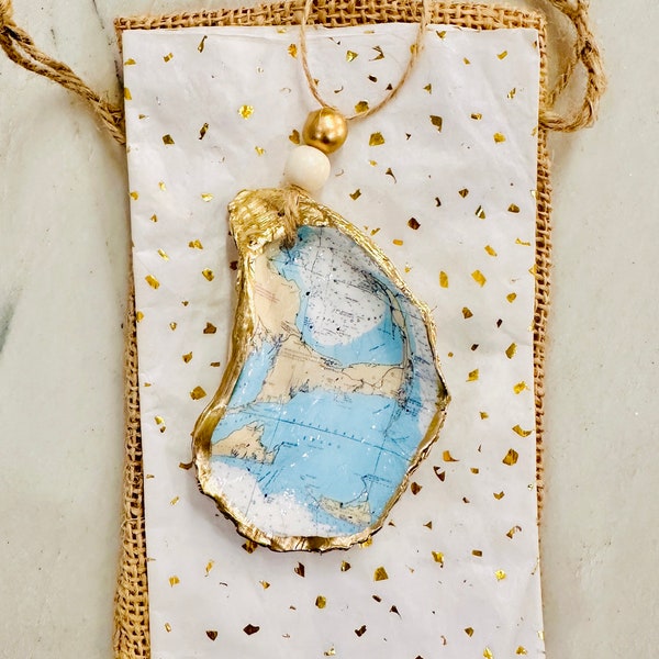 Cape Cod Massachusetts Map Oyster Shell Ornament, Decoupage Shell, Oyster Shell Art, Present Topper, Hostess Gift, Vacation Memory