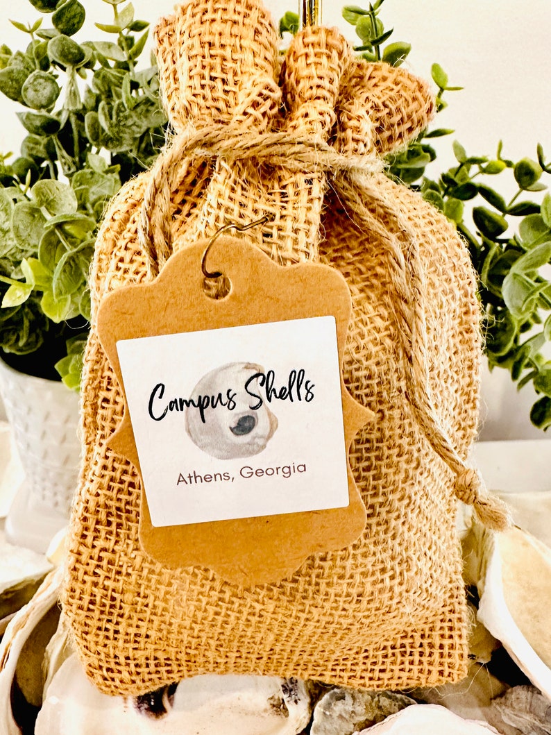 May include: A hessian bag tied with twine, with a tag reading "Campus Shells, Athens, Georgia." The bag contains shells and is placed in front of greenery and more shells. The bag is a natural tan colour.