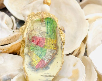 Charleston South Carolina Map Oyster Shell Ornament, Decoupage Shell, Oyster Shell Art, Present Topper, Hostess Gift, Vacation Memory