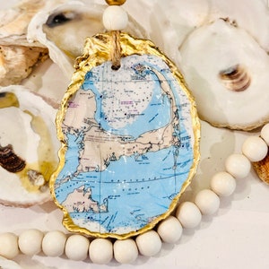 Cape Cod Massachusetts Nautical Map Oyster Shell Ornament, Decoupage Shell, Oyster Shell Art,  Hostess Gift, Cape Cod Ornament, Cape Cod MA