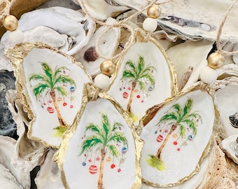 Palm Tree Oyster Shell Ornament, Decoupage Oyster Shell, Oyster Shell Art, Coastal Christmas, Beach Ornament, Seashell Christmas Ornament