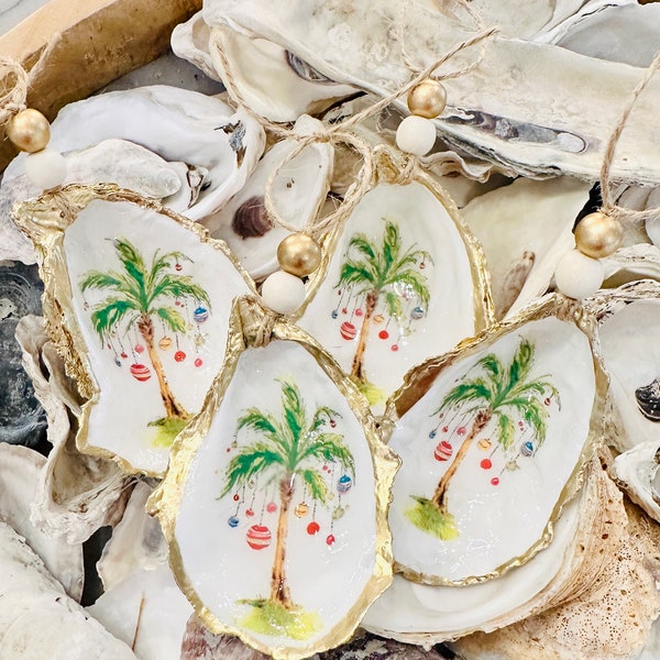 Palm Tree Oyster Shell Ornament, Decoupage Oyster Shell, Oyster Shell Art, Coastal Christmas, Beach Ornament, Seashell Christmas Ornament