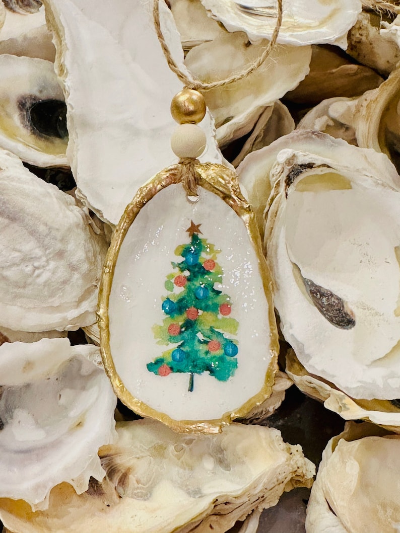 Christmas Tree Oyster Shell Ornament Decoupage Oyster Shell Etsy