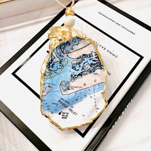 Emerald Isle North Carolina Nautical Map Oyster Shell Ornament, Present Topper, Decoupage Shell, Oyster Shell Art, Emerald Isle Ornament