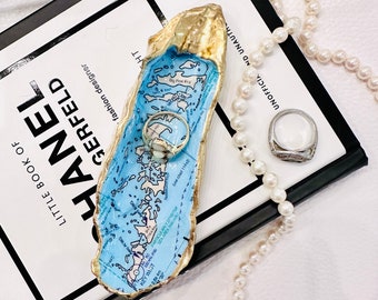 Florida Keys Map Oyster Shell Ring Dish, Decoupage Shell, Oyster Shell Art, Present Topper, Hostess Gift, Vacation Memory