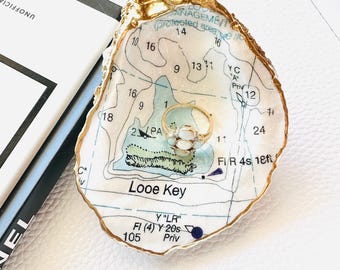 Custom Coastal Map Oyster Shell Trinket Dish for Jewelry, Rings, Earrings, Coastal Home Accent Decor, Travel Souvenir, Perfect Wedding Gift