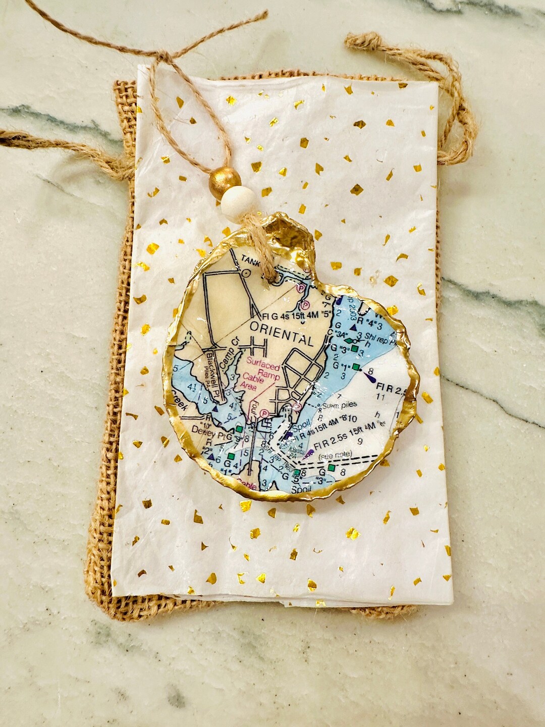 Oriental North Carolina Nautical Map, Oyster Shell Ornament, Decoupage ...