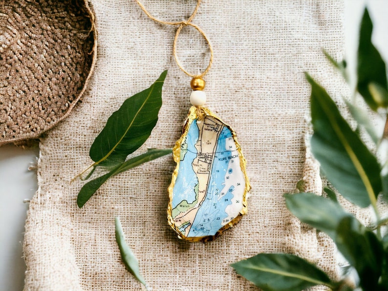 Kure Beach North Carolina Map Oyster Shell Ornament, Present Topper, Vacation Memory, Family Beach Trip
