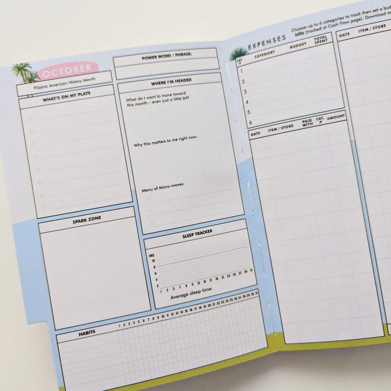 May include: Open planner with sections for October, expenses, and habit tracking. Features include spaces for goals, sleep tracking, and a 'What's on My Plate' section. The planner has a light blue and white color scheme.