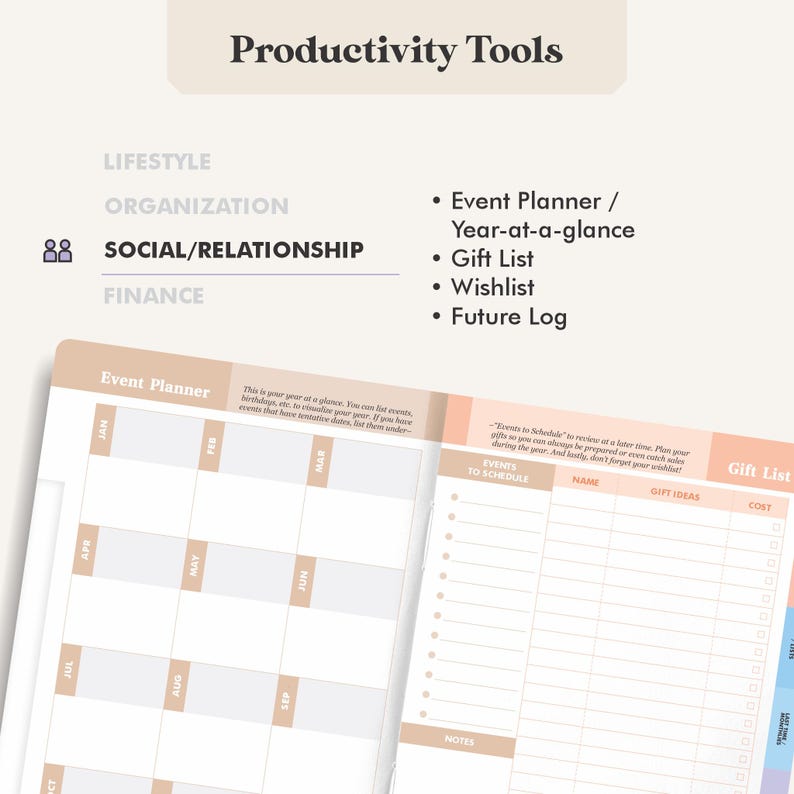 May include: Open planner with sections for event planning, gift lists, and future logs. The planner has a neutral color scheme with text that reads "Productivity Tools" and "Social/Relationship". Includes a year-at-a-glance view.