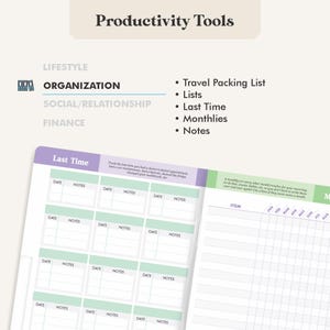 May include: A planner with the text "Productivity Tools" at the top. The planner includes sections for organization, lists, and notes. The "Last Time" section has spaces for dates and notes. The planner also has a monthly tracker.